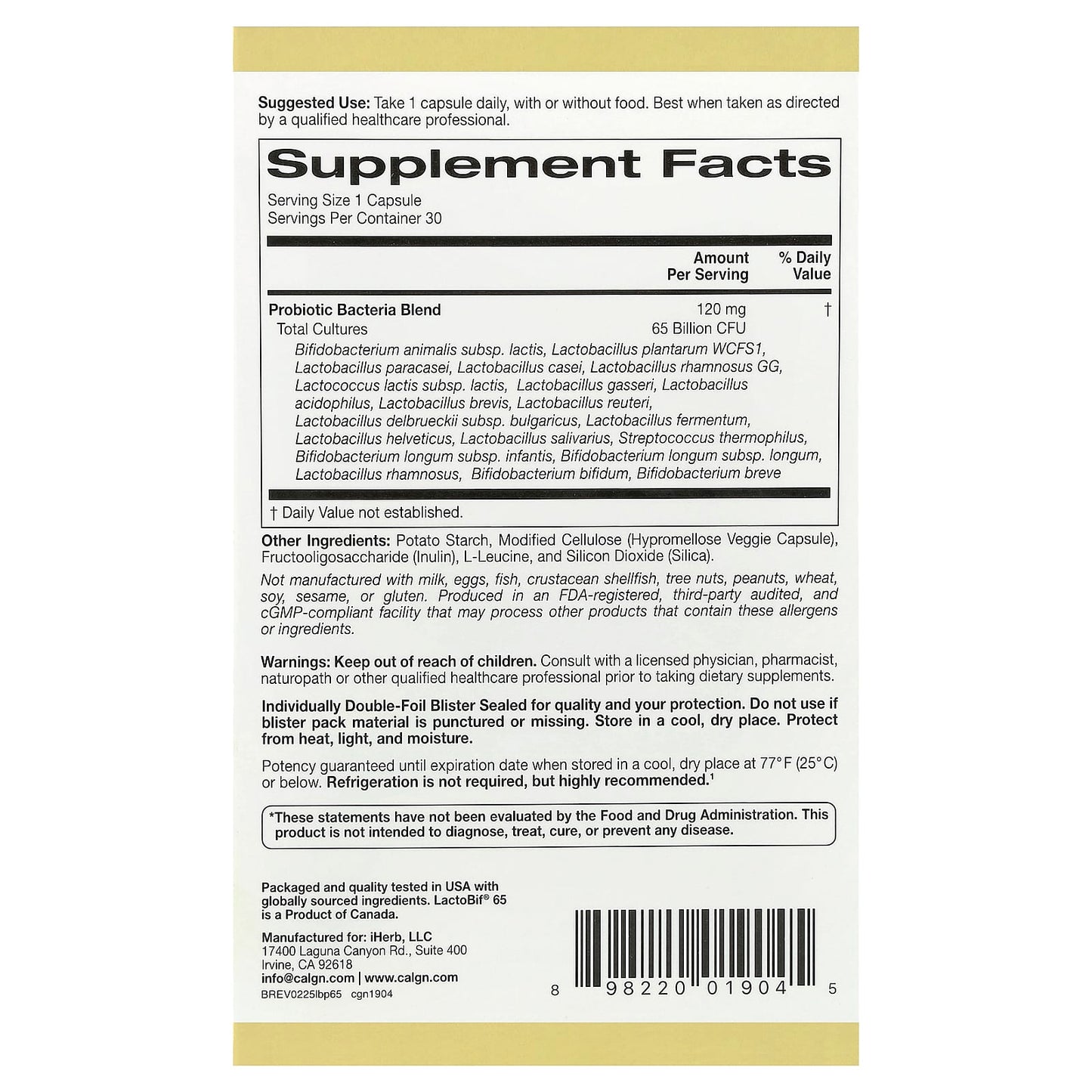 LactoBif 65 Probiotics, 30 Veggie Capsules